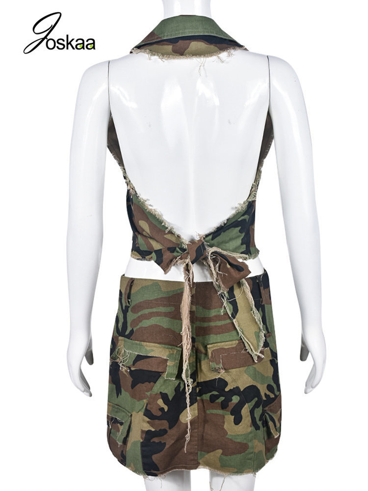 Two Piece Dress Joskaa Camouflage 2 Set Army Green Denim Crop Top Mini Skirt Hollow Out Patchwork Matching Tracksuit Women Streetwear 230302