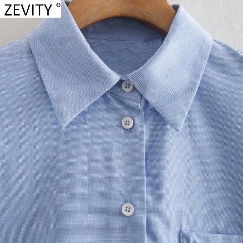 Women's Blouses Shirts Zevity Women Fashion Pocket Patch Business Smock Blouse Femme Split Long Sleeve Breasted Short Shirt Roupas Chic Tops LS91