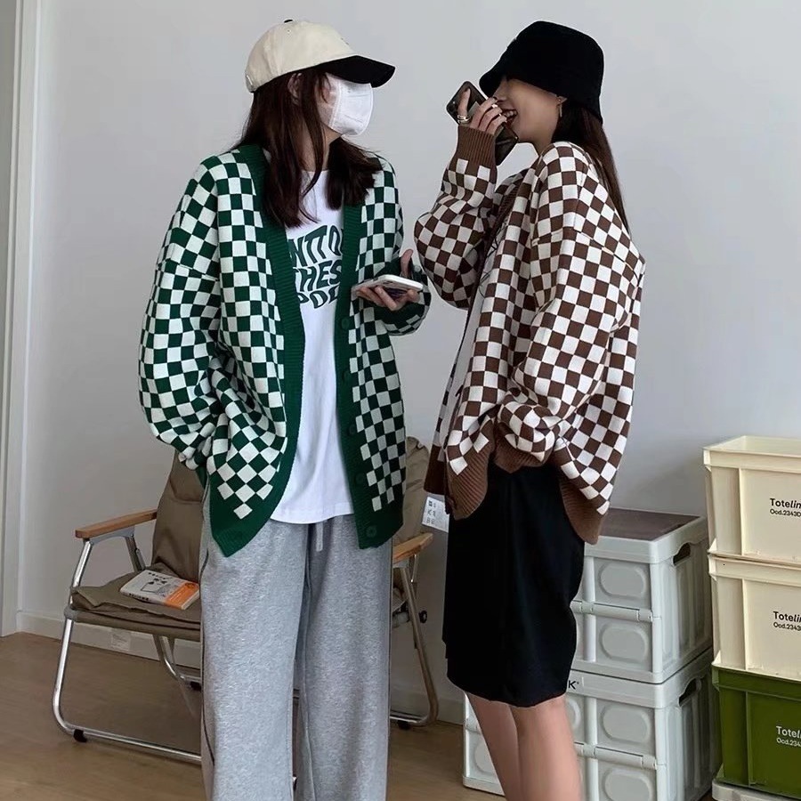 Women's Knits Tees checkerboard Cardigans women Long Sleeve Knitted Sweater Women Korean Pink Sweaters Cardigan Female Jacket with Buttons 230302