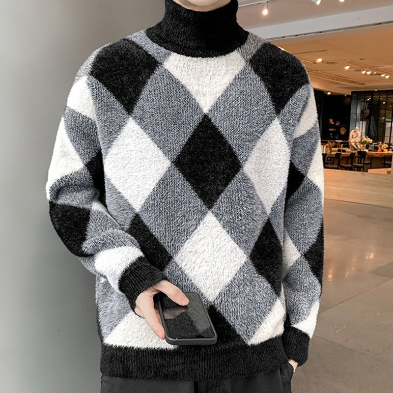 Men's Sweaters turtleneck sweater Korean version men's casual round neck winter loose lapel sweater top plus velvet to keep warm 230302