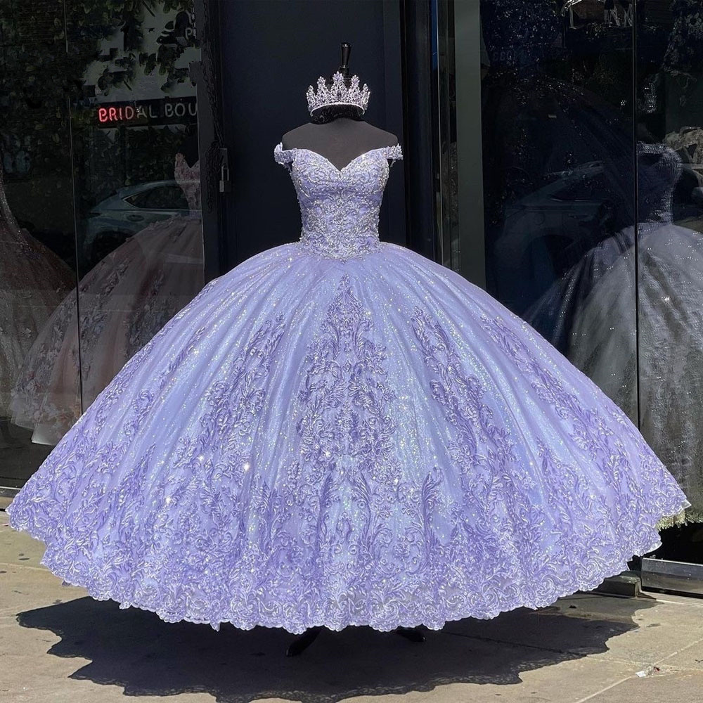 Lilac lavender Appliques beaded Quinceanera Dresses Off Shoulder Princess Lace-up Corset Prom Sweet 15 Vestidos De Quinceanera