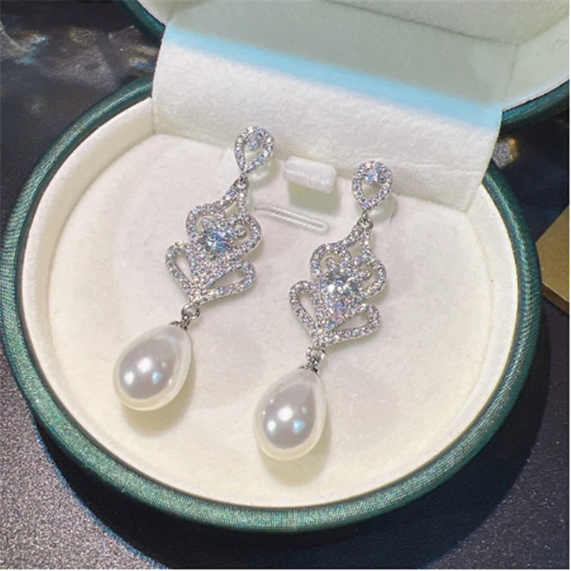 Vintage Pearl Zircon Dangle Earring 925 Sterling silver Earring Party Wedding Drop Earrings for Women Promise Charm Jewelry Birthday Gift