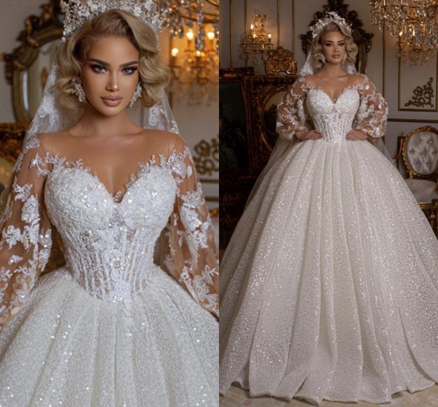 Retro Shinny Wedding Dress 2024 Sequins Lace Applique Illusion Neck Long Sleeves Bodice Bridal Gowns Dubai Vestidos De Novia