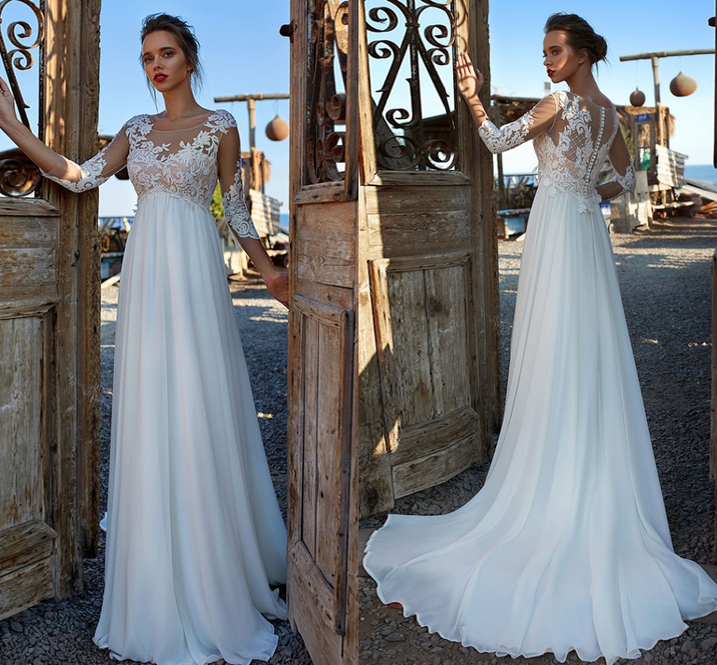 Empire Waist Wedding Dress For Pregnant A-Line Chiffon 3/4 Sleeve V-Neck Lace Appliques Brides Gowns Boho For Women 2023 Robe De Mariee