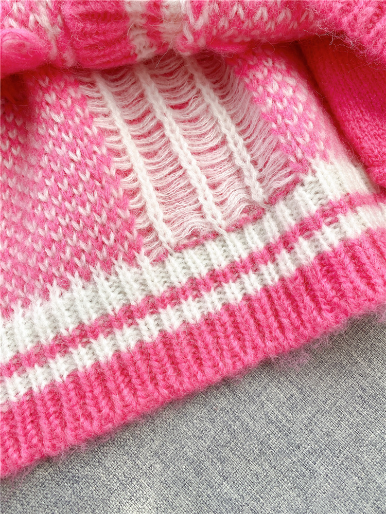 Women's Knits Tees Mohair V-neck Plaid Pink Knitted Jacket Spring Single-breasted Collision Color Loose Office Lady Cardigan Sweater 230302