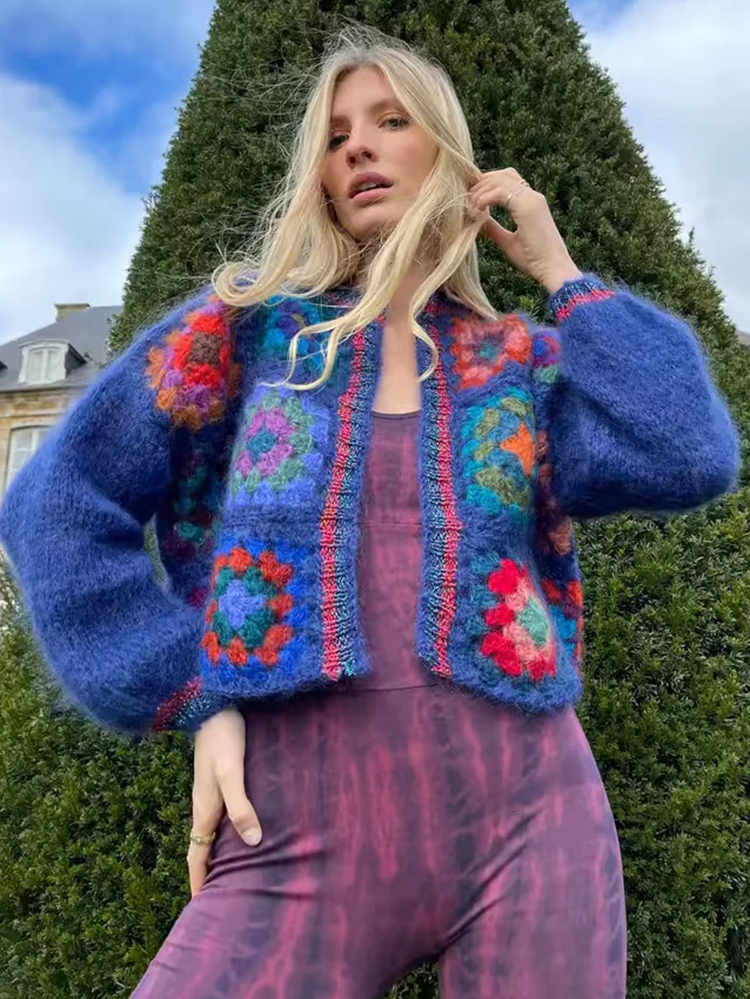 Women's Knits Tees Gypsylady Knitted Block Pattern Sweater Cardigan Handmade Crochet Women Bohemian Cardigan Laides Dames Autumn Blue Bobo Coats 