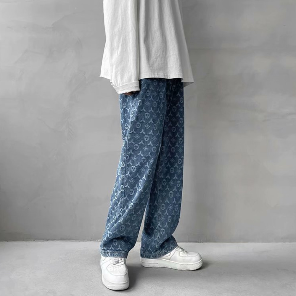 Men's Jeans American Retro Jacquard Jeans Men Autum Summer Thin Street Ruffian Handsome Loose Pants Straight Drop Vintage Denim Distressed 230302