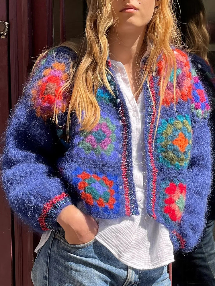 Women's Knits Tees Gypsylady Knitted Block Pattern Sweater Cardigan Handmade Crochet Women Bohemian Cardigan Laides Dames Autumn Blue Bobo Coats 