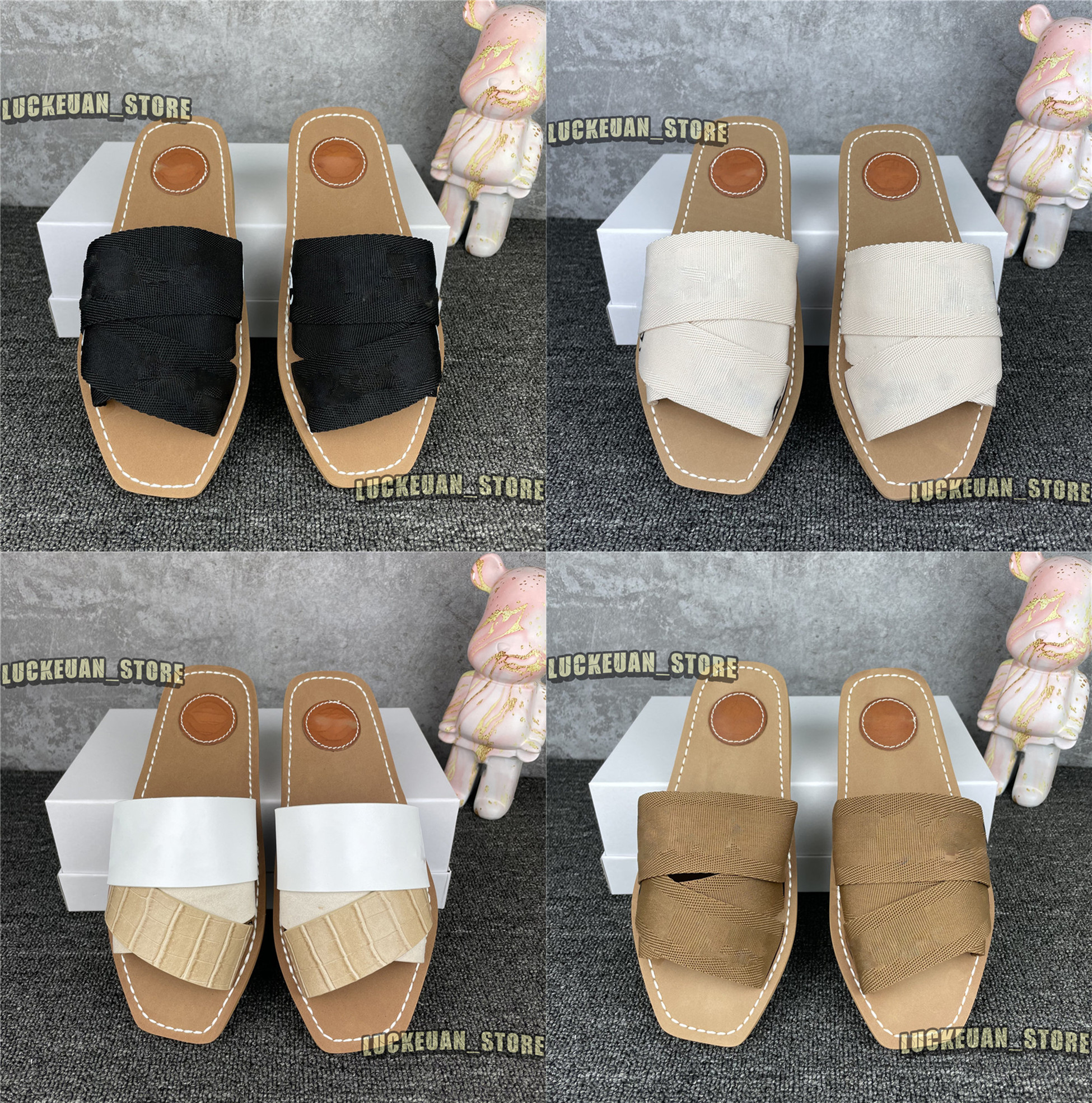 Summer Women Slippers High Quality Woman Woody Mules Sole Slipper Sandals Cross Band Leather Canvas Ladies Slides White Beige Designer Flip Flops Leather Slippers