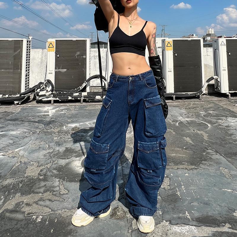 Women's Jeans Y2K heavy industry washed multipocket overall's jeans retro street loose casual wideleg women goth pants 230301