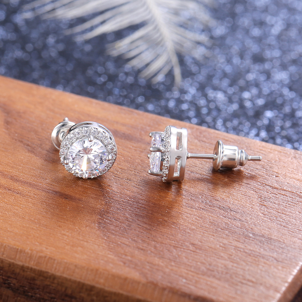 Round Zircon Women Stud Earrings With Green Stone Silver Color Studs Ear Girl Druzy Earrings Jewelry Gift