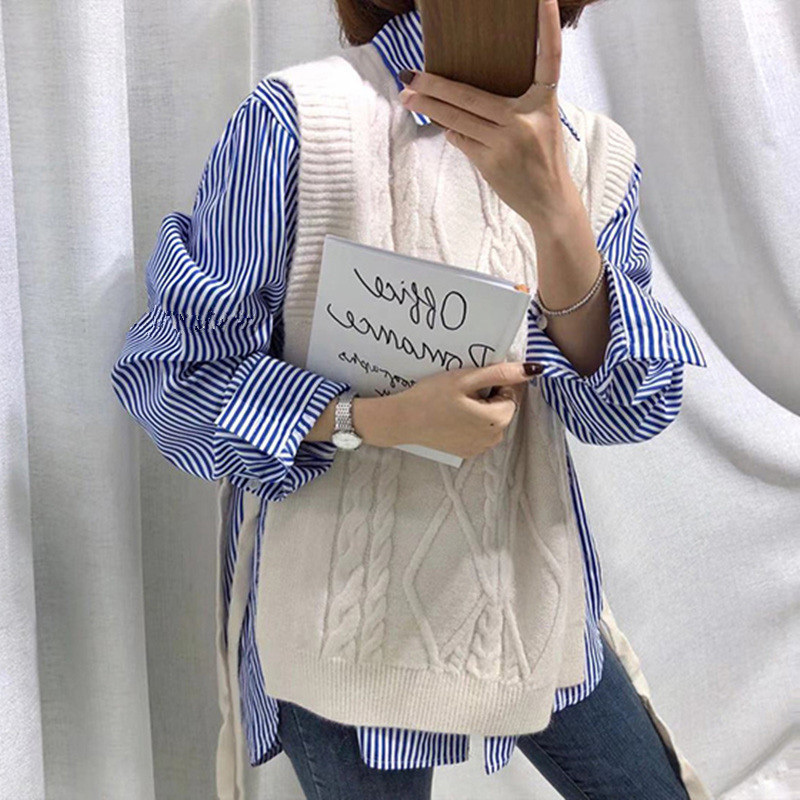 Women's Blouses Shirts DAYIFUN Shirts Women Blue Striped Loose Simple Students Blouses Females Fashion Chic Korean Style Teens Soft Streetwear To