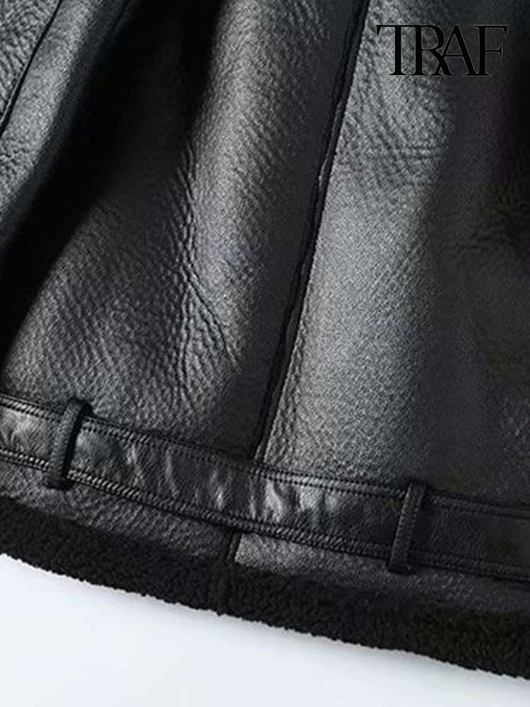 Women's Jackets TRAF Women Fashion Thick Warm Winter Fur Faux Leather Oversized Jacket Coat Vintage Long Sleeve Female Outerwear Chic Tops 230301