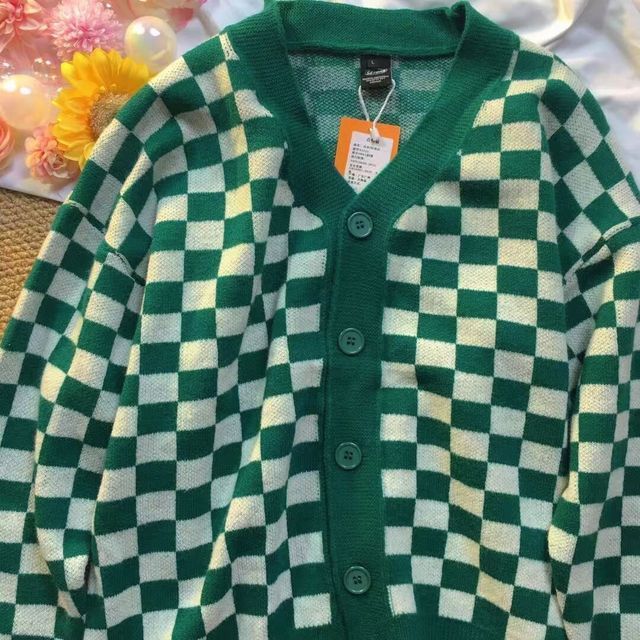 Women's Knits Tees checkerboard Cardigans women Long Sleeve Knitted Sweater Women Korean Pink Sweaters Cardigan Female Jacket with Buttons 230302