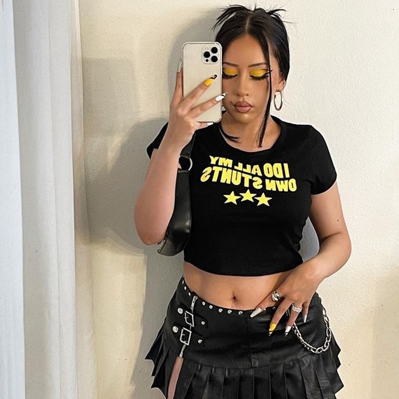 Women's T Shirt I Do All My Own Stunts Short Sleeved Graphic T Shirt Women Crop Top Summer Fashion 90s Yellow Cropped Tee Female Clothes 230301
