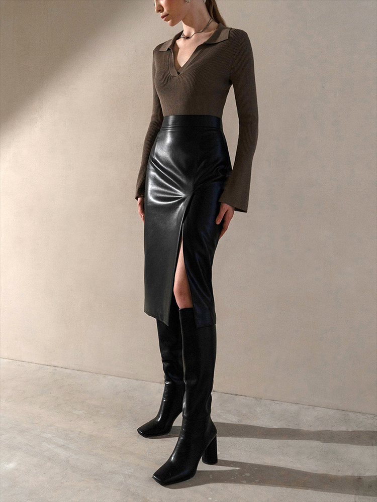 Skirts Autumn Winter Women Sexy Midi Leather Solid Black High Waist Office Pencil Slit Skirt For 230302