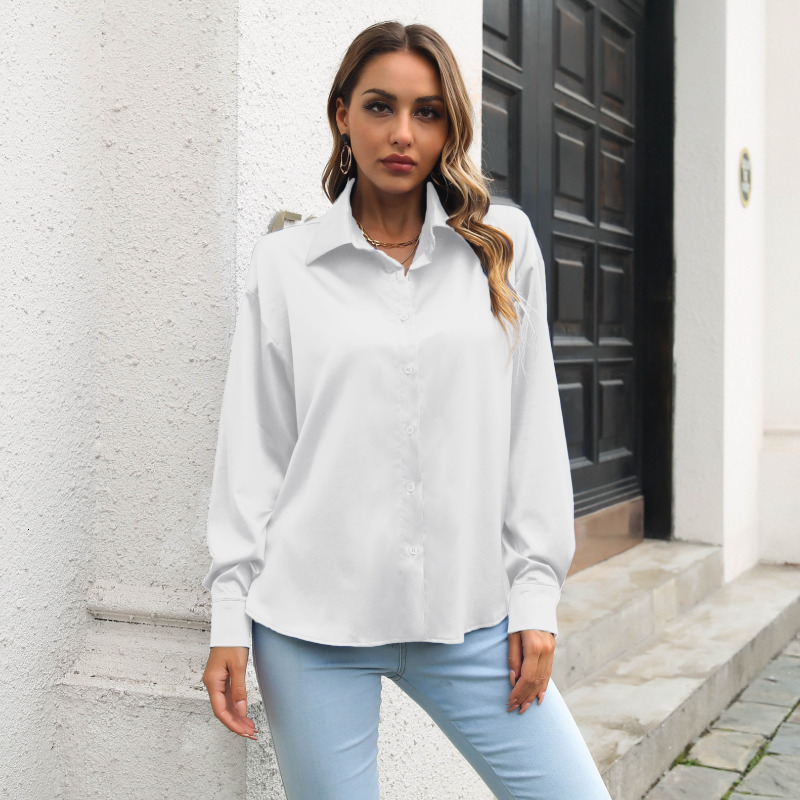 Women's Blouses Shirts Fashion Blue Satin Blouse Women Office Long Sleeve Loose Silk Blouses Women Casual Solid Tops Elegant Vintage Woman Shirt 
