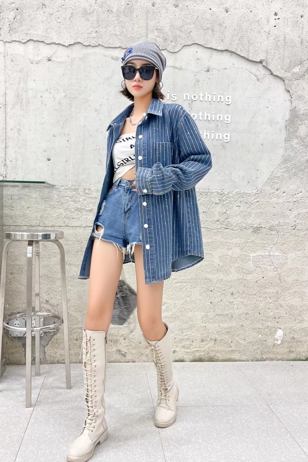 Women's Blouses Shirts European Goods Striped Crystal Denim Coat Autumn Winter Loose Leisure All-Matching Long Sleeve Diamond Shirt 230302