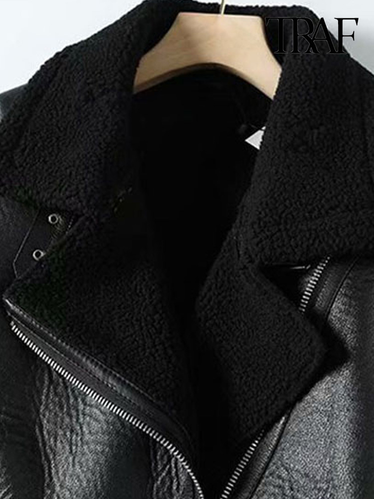Women's Jackets TRAF Women Fashion Thick Warm Winter Fur Faux Leather Oversized Jacket Coat Vintage Long Sleeve Female Outerwear Chic Tops 230301
