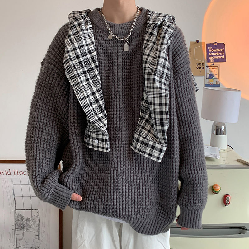 Men's Sweaters Privathinker Waffle Round Neck Sweater Oversized Solid Color Fashion Harajuku Men's Jumpers Autumn Casual Knitted Pullovers 2
