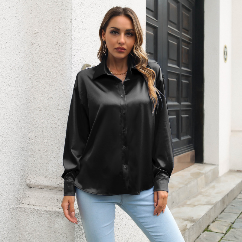 Women's Blouses Shirts Fashion Blue Satin Blouse Women Office Long Sleeve Loose Silk Blouses Women Casual Solid Tops Elegant Vintage Woman Shirt 