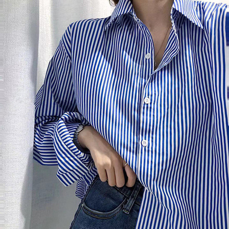 Women's Blouses Shirts DAYIFUN Shirts Women Blue Striped Loose Simple Students Blouses Females Fashion Chic Korean Style Teens Soft Streetwear To