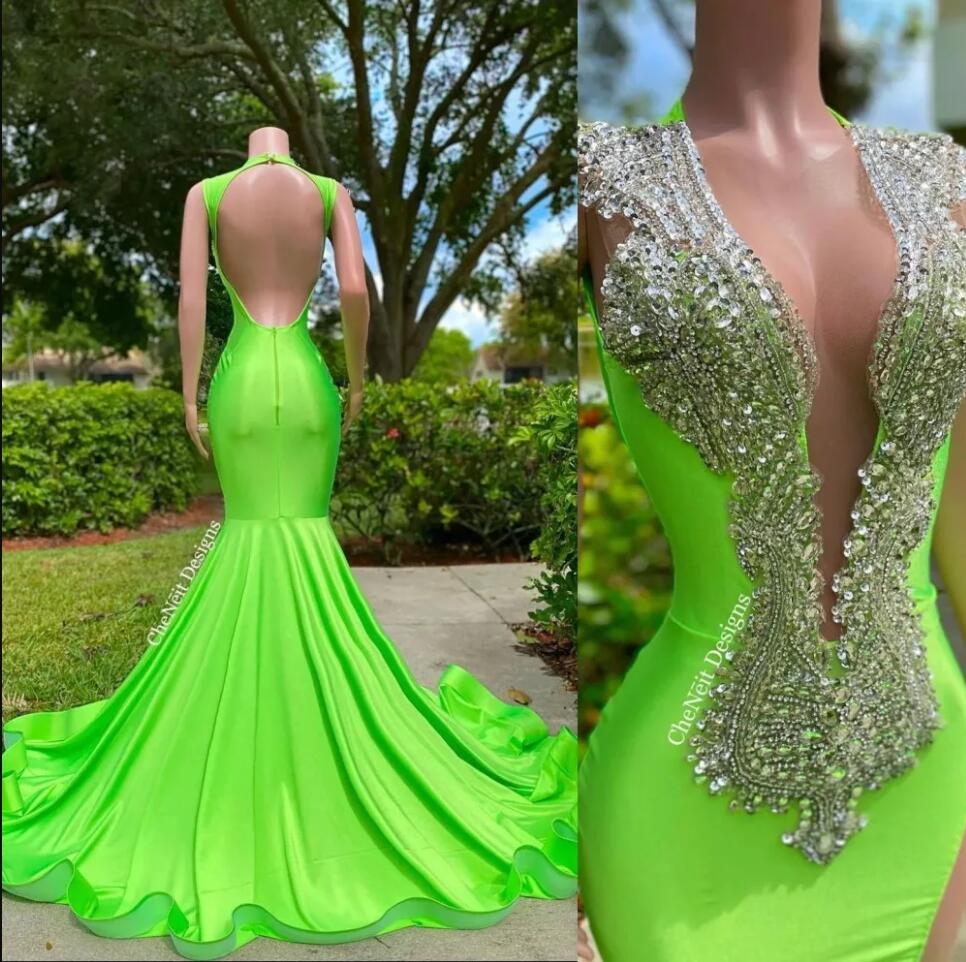 Mermaid Prom Dresses Green African Deep V neck Sleeveless Crystals Beads Black Girls Long aso ebi evening occasion gown