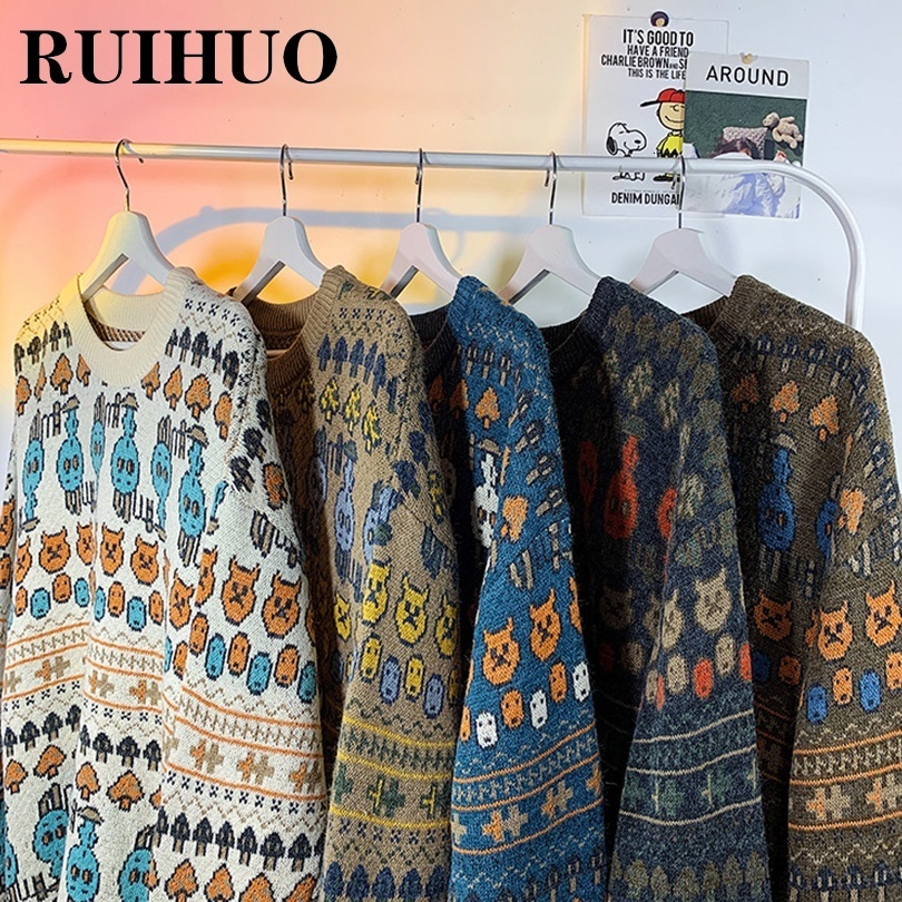 Men's Sweaters RUIHUO Knitted Sweater Men Clothing Harajuku Fashion Mens Sweaters Pullovers Retro Clothes Knitwear 2XL Arrivals 230302