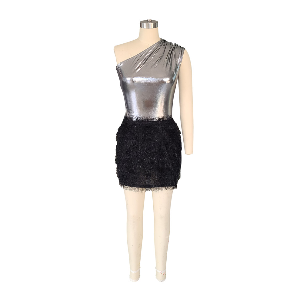 2023 Designer Dress Sets Summer Women Sleeveless Skew Collar Bodysuits and Tassels Mini Skirt Two Piece Sets Sexy Bright Dress Suits Wholesale Bulk It
