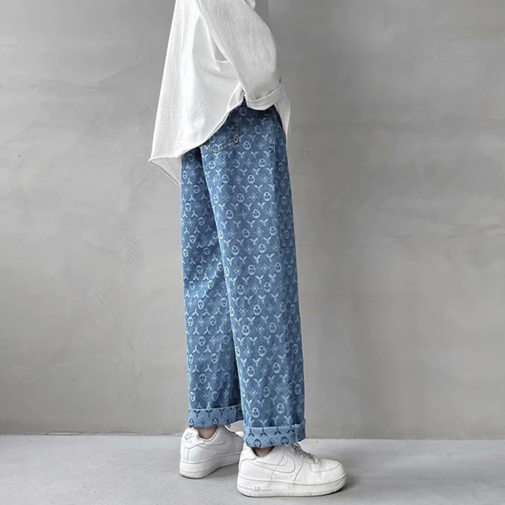 Men's Jeans American Retro Jacquard Jeans Men Autum Summer Thin Street Ruffian Handsome Loose Pants Straight Drop Vintage Denim Distressed 230302
