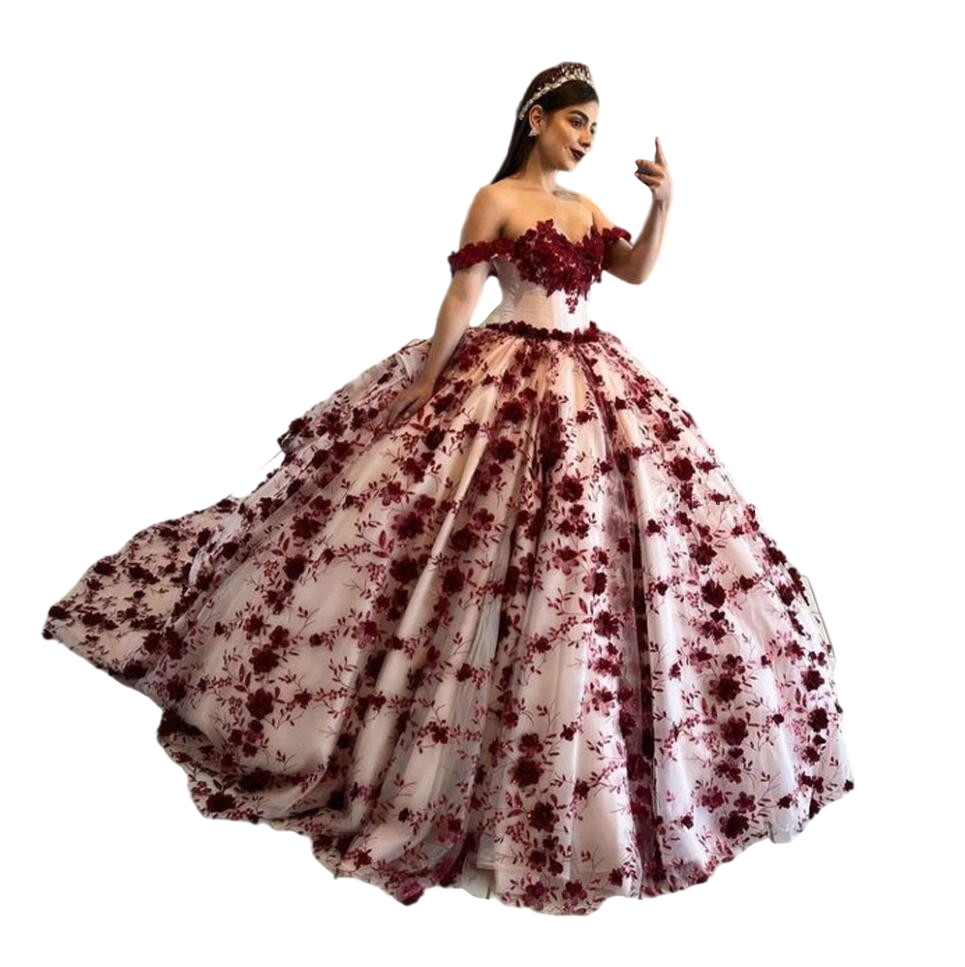 Burgundy Princess Quinceanera Dresses Off Shoulder 3D Flowers Appliques lace-up corset Prom Sweet 16 Dress Vestidos De 15 Anos
