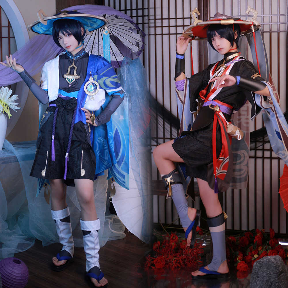 Anime Costumes Wanderer Come Uniform for Men Scaramouche Cosplay Genshin Impact Come Wig Hat Full Set Anime Halloween Genshin Cosplay Z0301