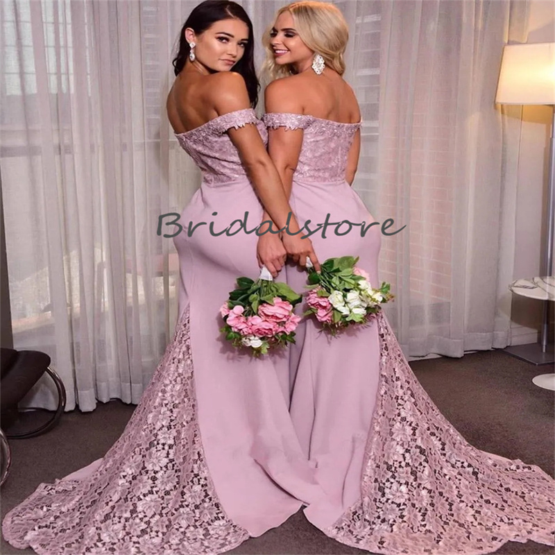 Elegant Mermaid Bridesmaid Dress 2023 Pink Off Shoulders Satin Lace Maid Of Honor Dresses Long Wedding Guest Party Dress Women Plus Size Formal Prom W