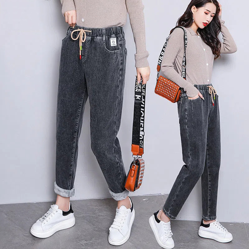 Women's Jeans Winter Baggy Warm Fleece Lined Harem Jeans Women Vintage Drawstring Denim Pants Plus Velvet Vaqueros Thicken Capris Pantalones 2303