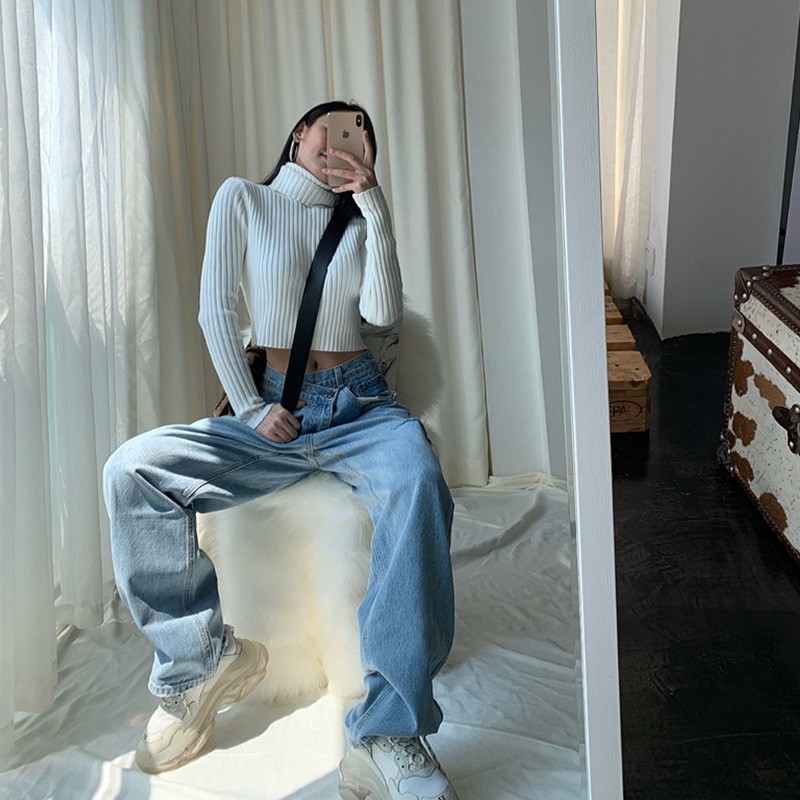Women's Jeans Karrram Vintage Asymmetrical Waist Hole Straight Jeans Womens Loose Denim Pants Casual Wide Leg Pants Streetwear Mom Jeans 230303