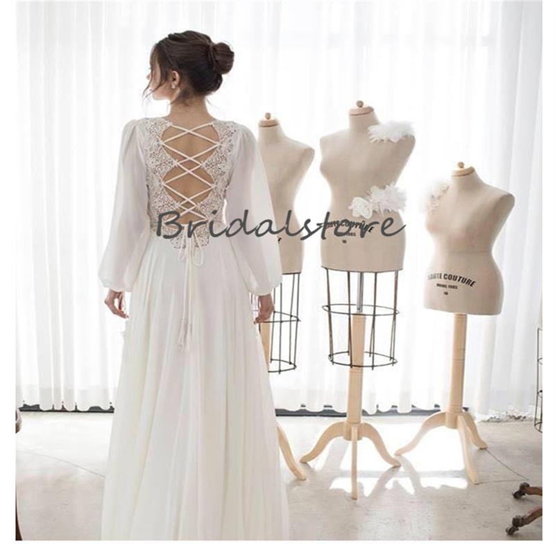 White Chiffon Boho Wedding Dress Puff Sleeve Cross Backless Lace Civil Bride Dresses Summer Beach Country Bridal Gowns Bohemian Floor Length Simple ve