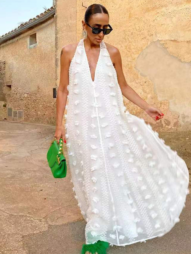 Casual Dresses Sleeveless Halter Dres V Neck Backless Beach Long Robe Lace Up Floral Holiday Sundress Female Streamer Party 230303