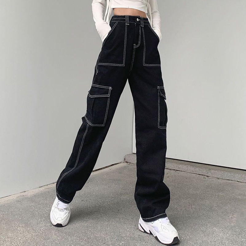 Women's Jeans Biyaby Harajuku Pockets Patchwork Baggy Jeans Women Autumn Black Wide Leg Denim Trousers Woman Streetwear Loose Cargo Pants 230303