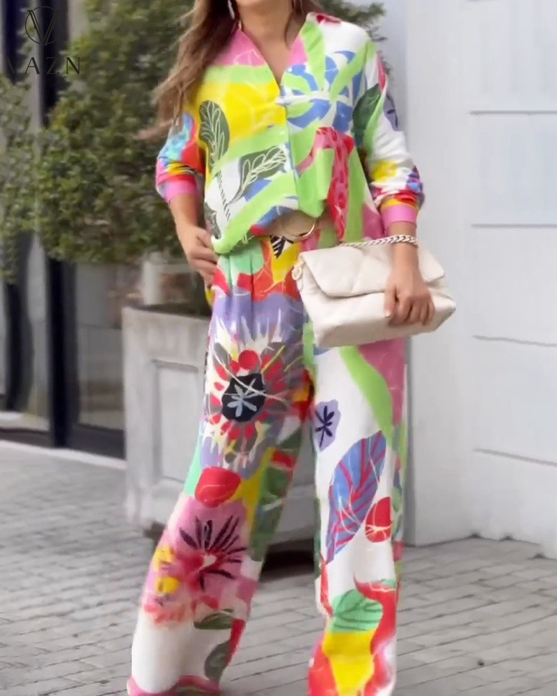 Womens Two Piece Pants VAZN Autumn Highend Shirt Set Daily Chiffon Young Vintage Print Full Sleeve Long Wide Leg Slim Women 2 230302