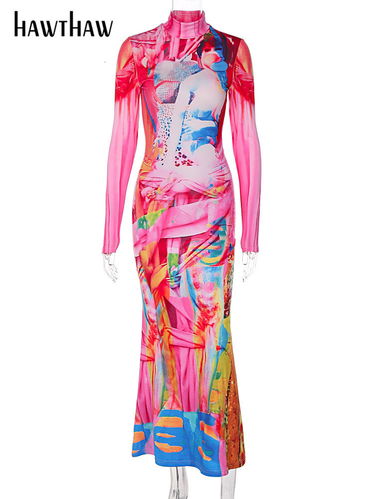 Casual Dresses Hawthaw Women Fashion Long Sleeve Bodycon Printed Streetwear Dress Fall Clothing Wholesale Items For Business 230303