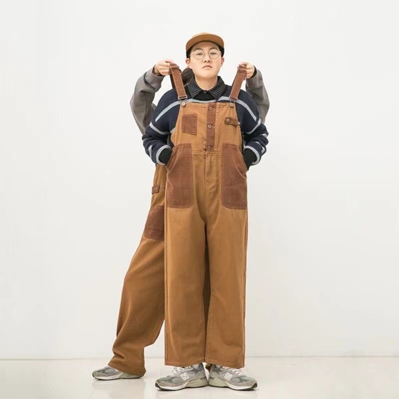 Men's Pants Japanese Retro Overalls Brown Color Casual Couple Loose Straight Trousers Salopettes Romper Jumpsuit 230303