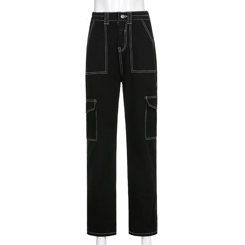 Women's Jeans Biyaby Harajuku Pockets Patchwork Baggy Jeans Women Autumn Black Wide Leg Denim Trousers Woman Streetwear Loose Cargo Pants 230303