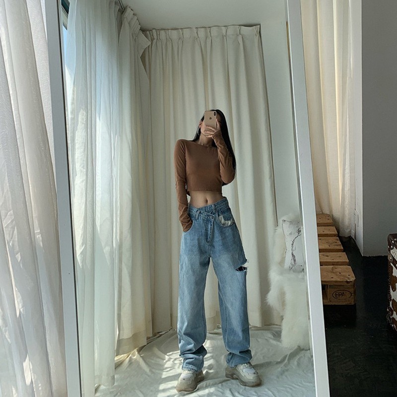 Women's Jeans Karrram Vintage Asymmetrical Waist Hole Straight Jeans Womens Loose Denim Pants Casual Wide Leg Pants Streetwear Mom Jeans 230303