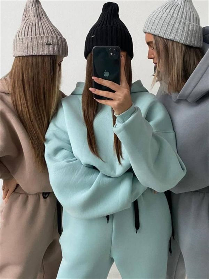 Womens Two Piece Pants Hoodies Suit Winter Spring Solid Casual Tracksuit Women Fleece 2 Pieces Set Sports Sweatshirts Pullover Sweatpants Suits Female