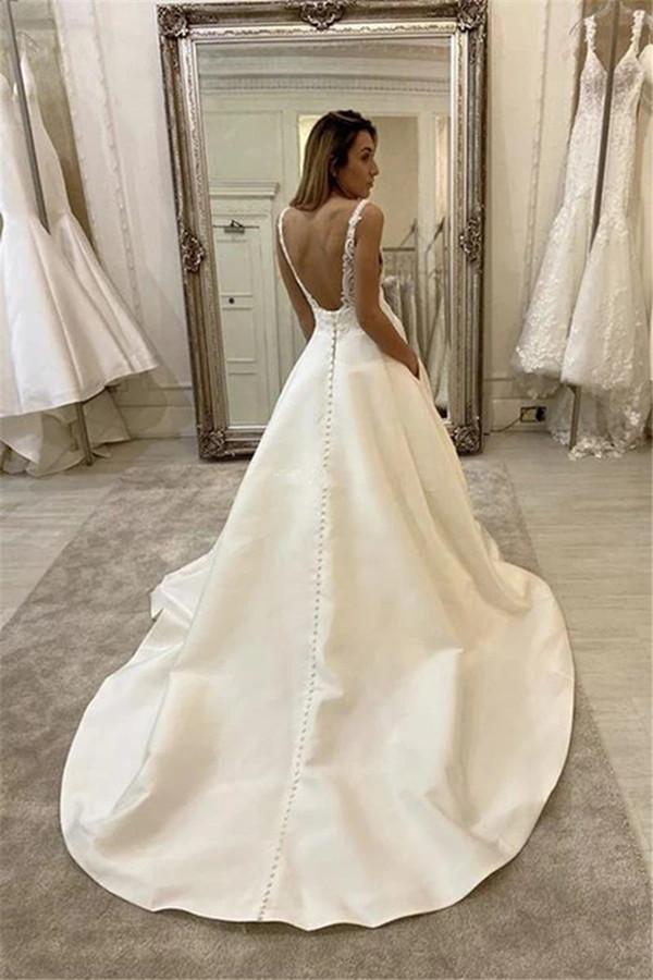 2023 Vintage A Line Wedding Dresses with Buttons Sexy Open Back Vestidos De Novia V Neck Satin Lace Appliques Sleeveless Bride Wedding Gowns Plus Size