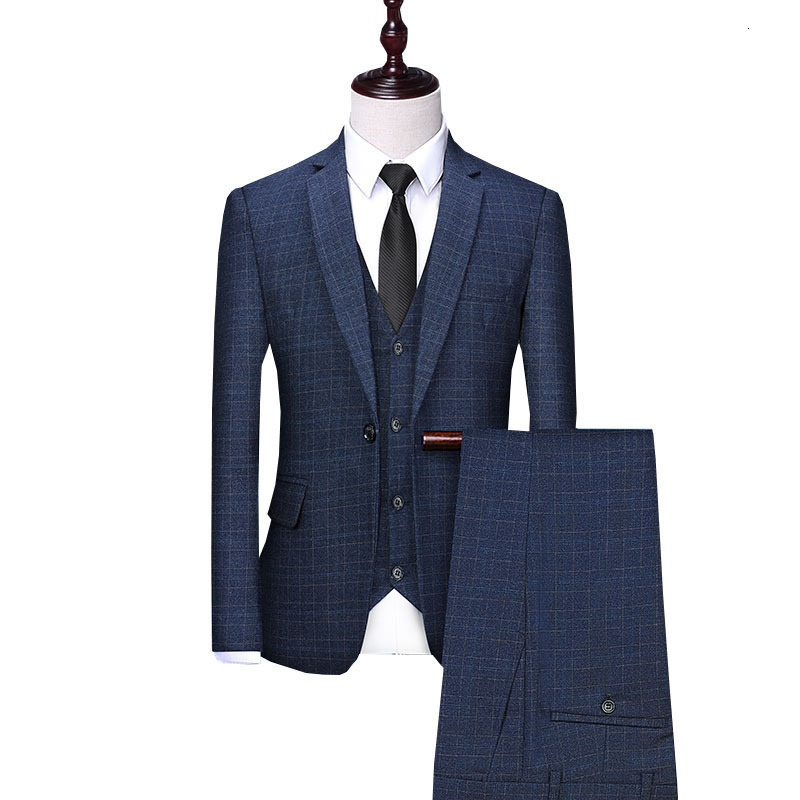 Men's Suits Blazers Spring Men's Business Suit Casual Jacket Work Formal Plaid Groomsmen Groom Dress Blazers Coat Pants Vest 3 Piece Set 230