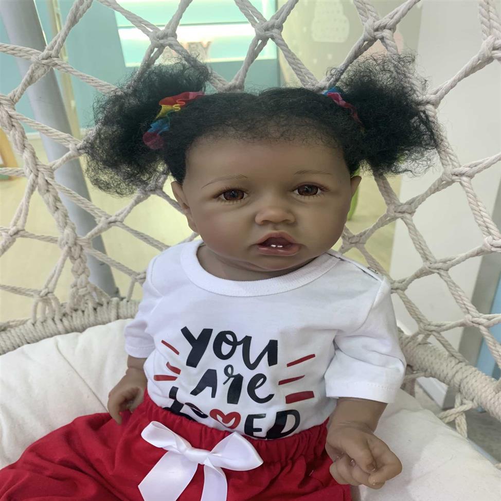 55CM new black skin saskia with teeth reborn todderl girl baby doll lifelike real touch full body silicone African American baby Q302p
55CM new black skin saskia with teeth reborn todderl girl baby doll lifelike real touch full body silicone African American baby Q302p