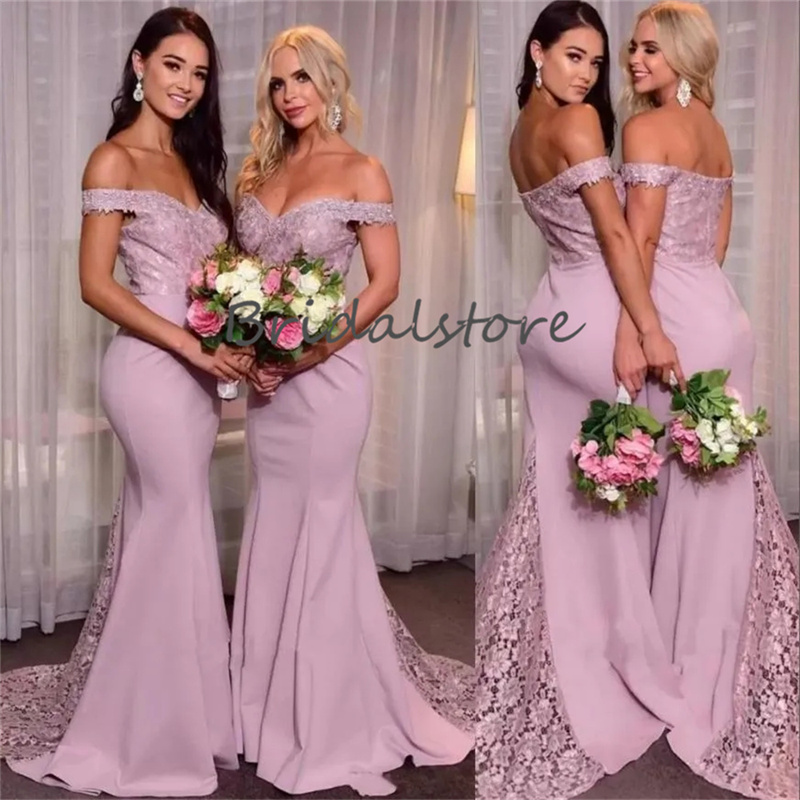 Elegant Mermaid Bridesmaid Dress 2023 Pink Off Shoulders Satin Lace Maid Of Honor Dresses Long Wedding Guest Party Dress Women Plus Size Formal Prom W