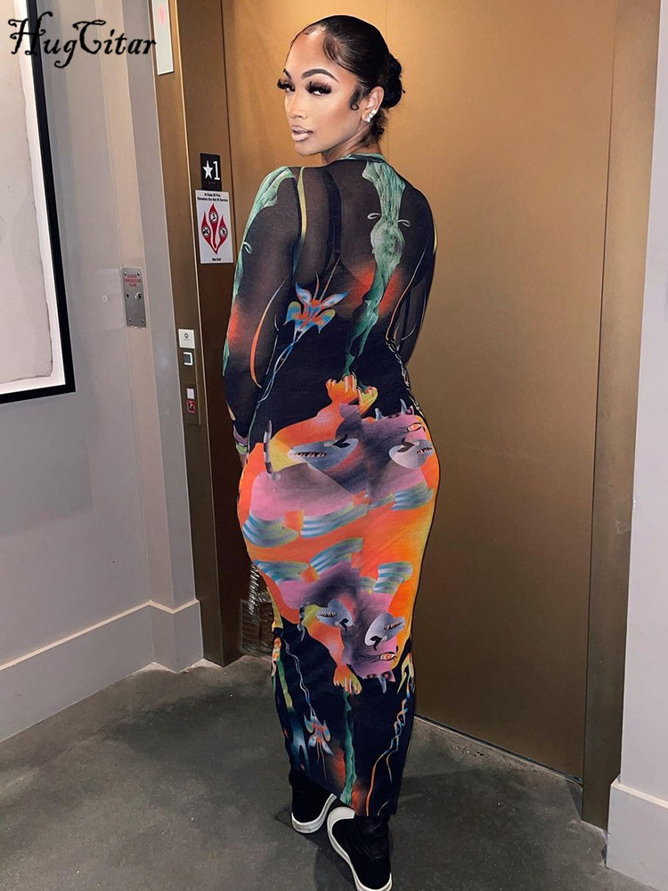 Casual Dresses Hugcitar Print Long Sleeves Graphic Patchwork Sexy Slim Maxi Prom Dress Fall Women Streetwear Party Y2K Clothes 230303