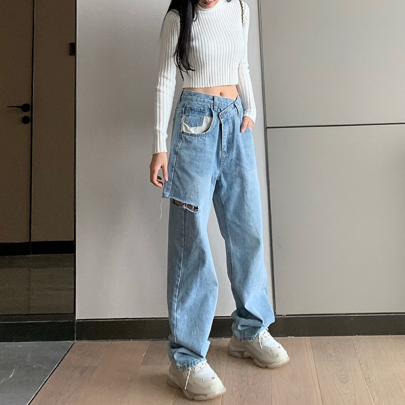 Women's Jeans Karrram Vintage Asymmetrical Waist Hole Straight Jeans Womens Loose Denim Pants Casual Wide Leg Pants Streetwear Mom Jeans 230303
